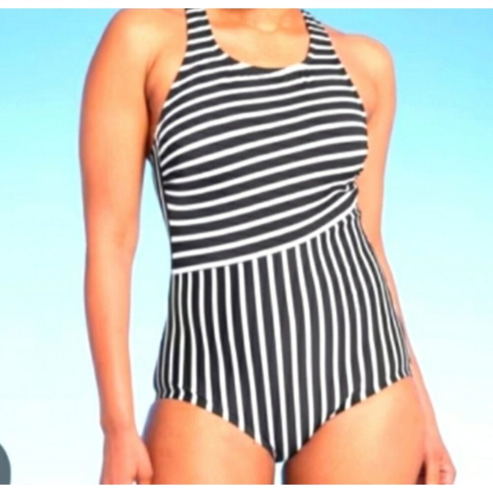 Women's Lands' End One Piece Swimsuit Black White Stripe Size L Full Coverage - Picture 2 of 8